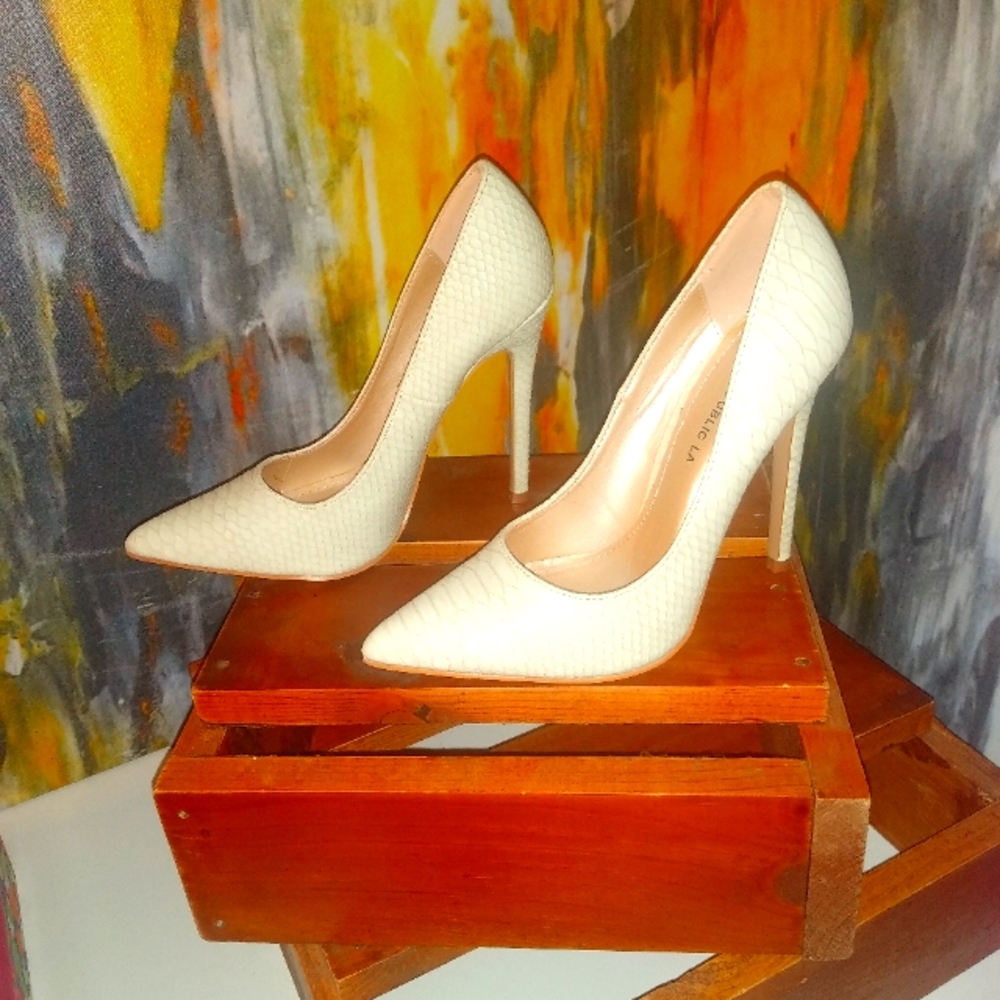 Shoe Republic LA Cassy Nude Snake Heels